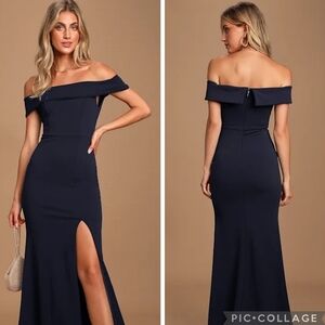 NWT Lulus Aveline Navy Blue Off Shoulder Maxi Dress Size S Formal Prom‎ Wedding